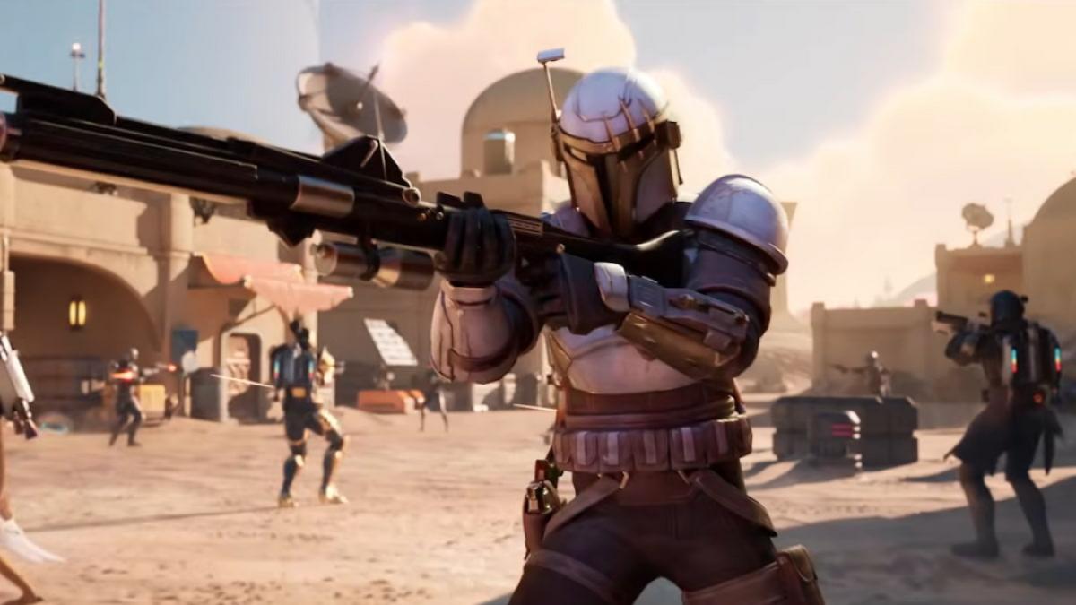 A Mandalorian shooting in Fortnite