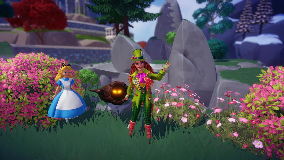 Standing with Alice in front of the Jabberwock log in Disney Dreamlight Valley