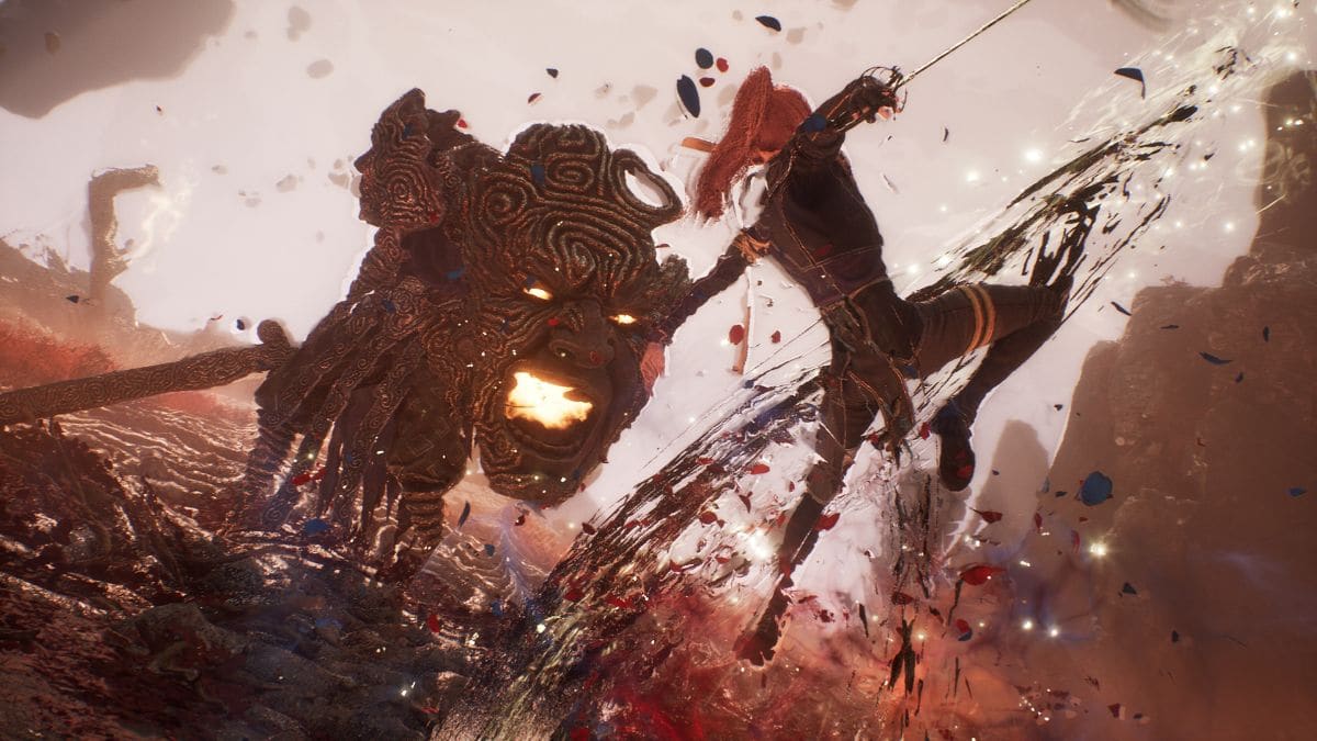Key art of a stylized battle where the player character attacks a monster.