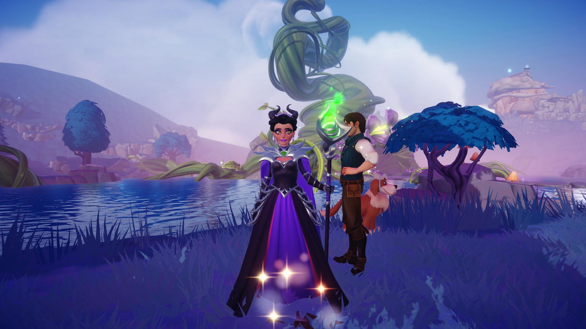 A player in a black and purple dress standing by a sparkling digging spot in disney dreamlight valley