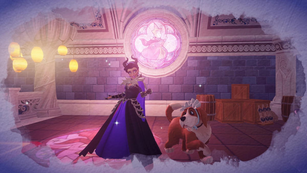 A character in a long purple and black dress posing next to a dog by a pink stained glass window in disney dreamlight valley